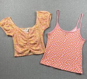 Lot of 2 Billabong Tops Womens L Orange Pink Floral Ribbed Knit Boho Beach Crop